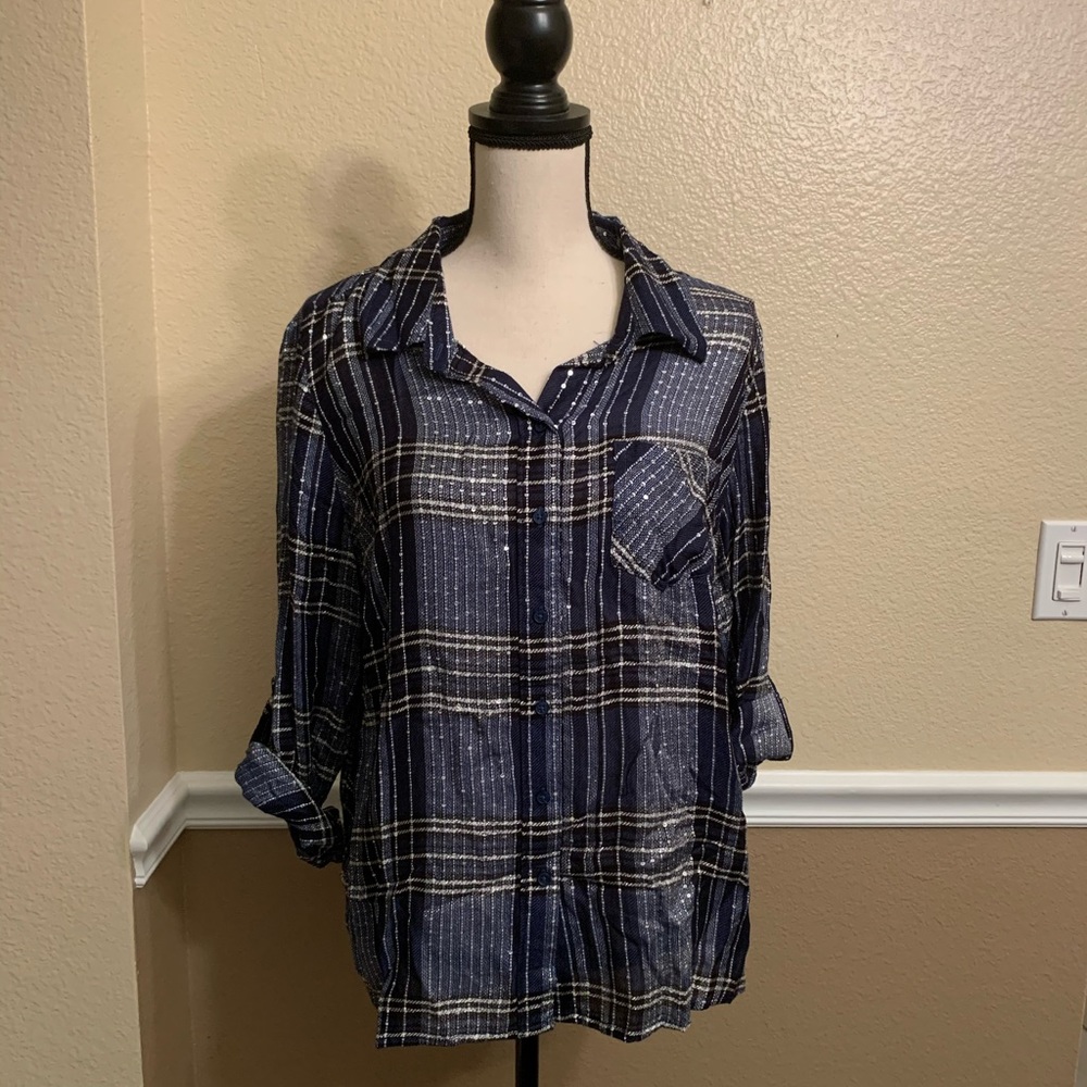 Style & Co Sparkling Blue Plaid Top Size PL